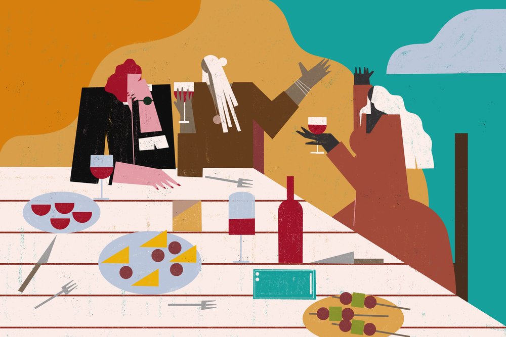 Abstract illustration of three people at a dining table, with stylized
representations of wine glasses, bottles, a plate with cheese and pizza
slices, and a bowl of olives on a colorful
background